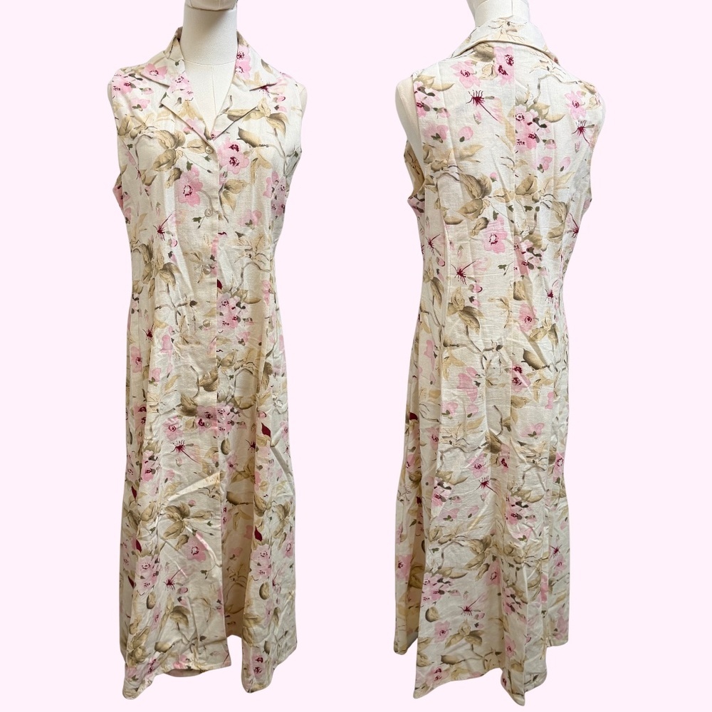 Jane Ashely Vintage 90s Linen Blend Spring Floral Sleeveless Maxi Dress Med